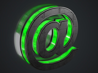 Futuristic At symbol - metallic extruded sign with green light outline glowing in the dark