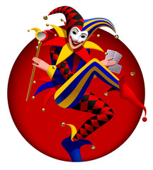 Joker with playing cards and mirror in dark red round frame - obrazy, fototapety, plakaty