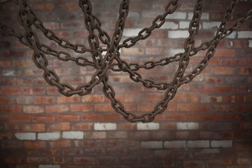 Composite image of 3d image of linked metallic chains hanging