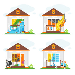 Set of illustrations on the theme of property insurance against accidents