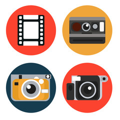 Vector Retro Vintage Cameras. Different vintage analogue cameras with film and photos