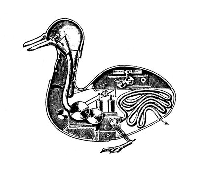 A postulated interior of the Digesting Duck of Vaucanson (1739) by an american observer