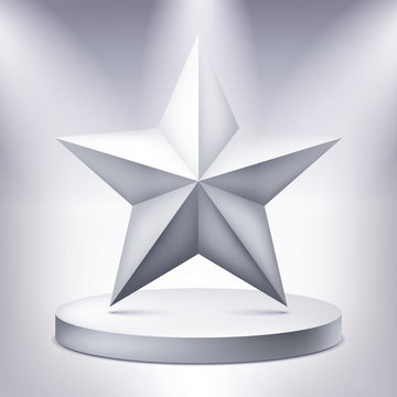 Five-pointed star on the illuminated podium, award pedestal, geometry shape, vector design for you project