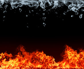 Water and fire connection, representation of elements. Isolated on black background