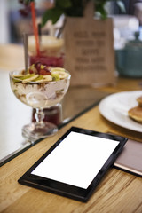 Breakfast with a tablet with copyspace