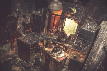 Burned apartment in the building, interior inside, furniture and utensils