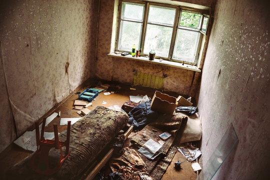Room in an abandoned building, homeless shelter