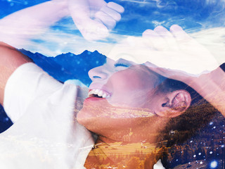 Fototapeta premium Double exposure of happy woman in the morning and beautiful autumnal mountainscape