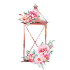 Watercolor decorative lantern with floral posy. Vintage rusty lamp, peony, roses tulip flowers decor isolated on white background. Wedding floral design element © ldinka