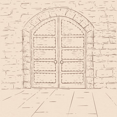 Old castle doors. Hand drawn sketch on beige background