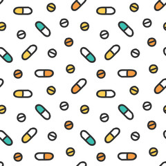 Medical, health care seamless pattern background with doodle pills.