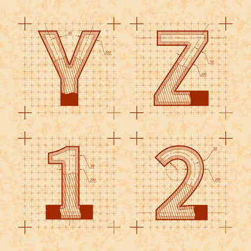 Medieval inventor sketches of Y Z 1 2 letters. Retro style font on old textured paper