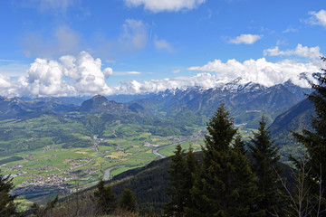 Obraz premium Valley and mountains. Beautiful alpine view from Rossfeldstrasse panorama road, Germany to Austria.