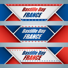 Set of web banners with texts and France flag, for fourteen of July, France National day, celebration; Vector illustration