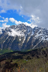 Beautiful mountain landscape from Rossfeldstrasse panorama road near Berchtesgaden, Bavaria, Germany. Vertical image with empty space.