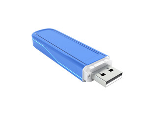 USB flash drive in blue with backlight without shadow on white background 3d