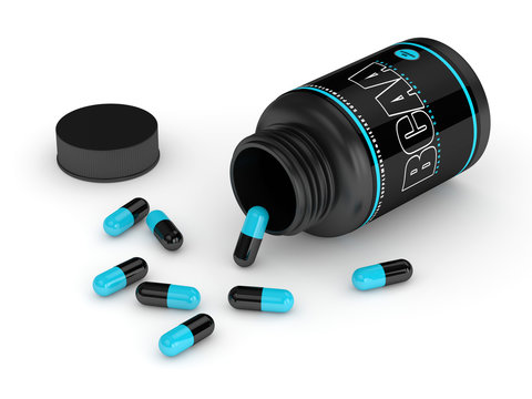 3d render of BCAA bottle with pills over white