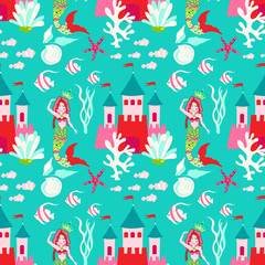 Seamless pattern with little princess mermaid with castle. Vector sweet turquoise underwater background with plant, sea shell, coral leaf, starfish, anemone and banner fish.