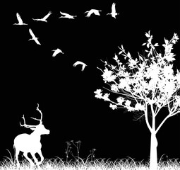 Naklejka premium white deer running near blossoming tree isolated on black