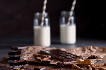 Chunks of chocolate on a dark background