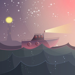 What a small boat did not dream of conquering an endless ocean. Vector illustration.