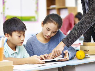 asian elementary schoolchildren using digital tablet in classroom