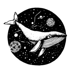 Hand-Drawn Doodle of whale flies in space . Vector Illustration - stock vector.