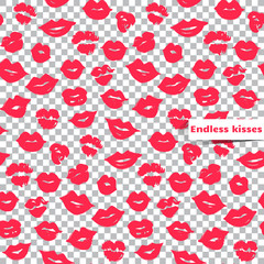 Pink lips seamless pattern on a transparent background.Vector female lips.Colorful illustration,Creative backdrop.Fashion stylish wallpaper.Trendy and glamour design in vogue style.Bright repeat print