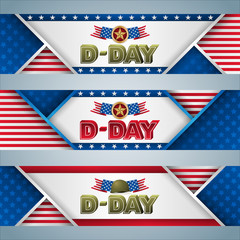 Set of web banners design, background with texts, medal, army helmet and American flag, for D-Day event, celebration