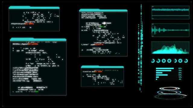 4K Hacker User inter face with random text window code percent load for cyber technology futuristic concept


