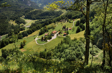 Swiss village in valley near Reichenbach falls (Reichenbachfall) at Swiss Alps, Switzerland