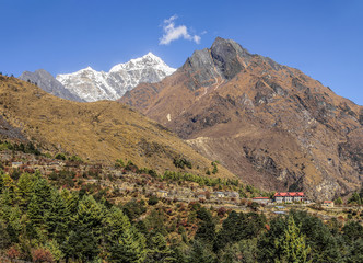 High resolution panorama of the Teshinga village with Tabuche (6367 m) and Ama Dablam (6856 m)...