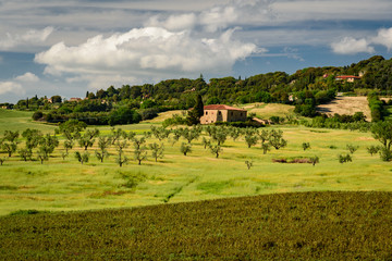 Fototapeta na wymiar Tuscan countryside between ancient villages and green hills, in the Etruscan castagneto carducii and bolgheri coast