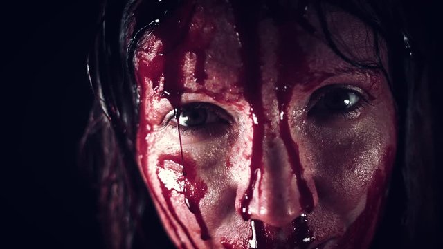 4K Horror Woman Face with Blood Pouring