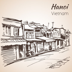 Tipical street voew in Hanoi. Vietnam. Sketch.