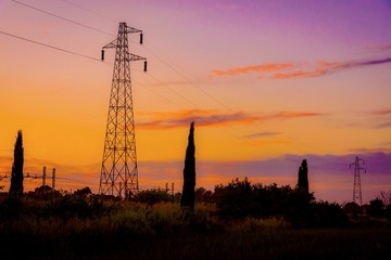 High voltage trellis at sunset