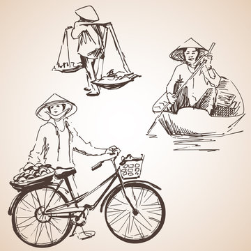 Silhouettes Of Vietnam People With Fruit, Bicycle And Boat