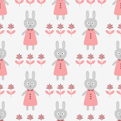 Funny rabbit in a dress and silhouettes of abstract flowers. Cartoon seamless pattern.