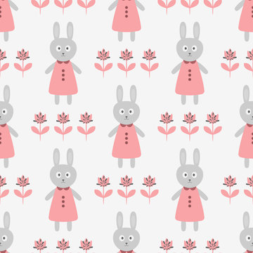 Funny rabbit in a dress and silhouettes of abstract flowers. Cartoon seamless pattern.