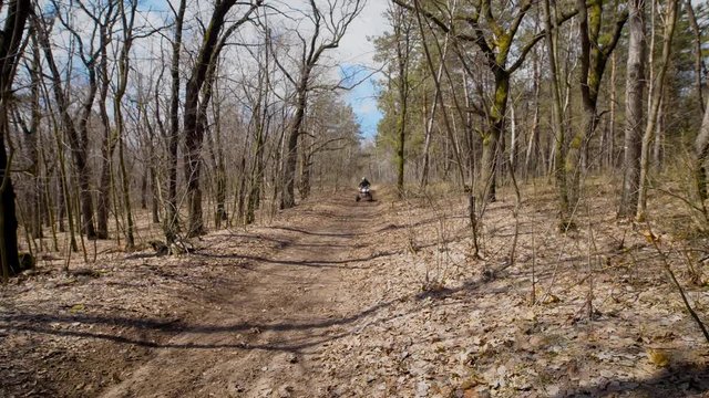 Two Riders Are Driving ATV And Coming With High Speed Along The Road In The Forest. Fans Of Extreme Tourism Participating In Competition And Riding Together Off-road Quad Bikes On The Path.