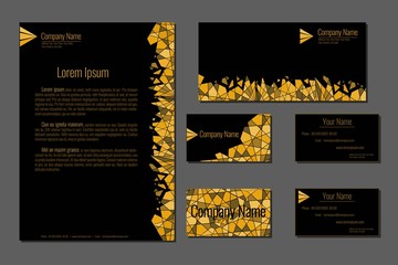 Professional corporate identity kit. Business Cards, Envelope and Letter Head Designs. Gold sample on black background. Vector template.