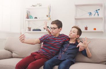 Two teenage boys taking selfie at home, friendship