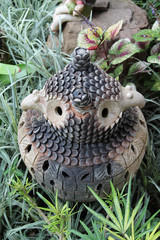 The bird dolls made of clay decorated in garden.