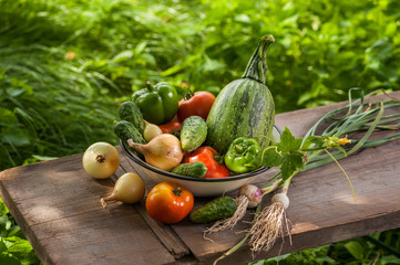 Set of raw vegetables on the wooden table, natural background