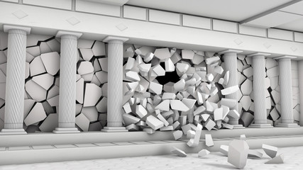 Destruction of a hall with columns     