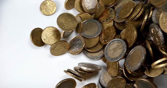 Euro Coins Falling against white Background, Slow motion 4K