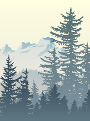 Fototapeta premium Vertical illustration of foggy forest mountains.