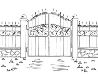 Wall fence gate graphic black white landscape sketch illustration vector