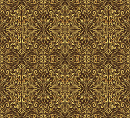 Seamless golden damask pattern on a dark brown background.