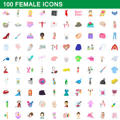 100 female icons set, cartoon style